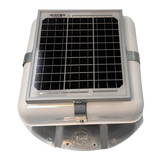 Solar ventilation fan, Solar Mega RoofBlaster for conex containers with 3.5" ribs, front view, powder-coated white, 5W solar panel (no background) | Solar Blaster brand