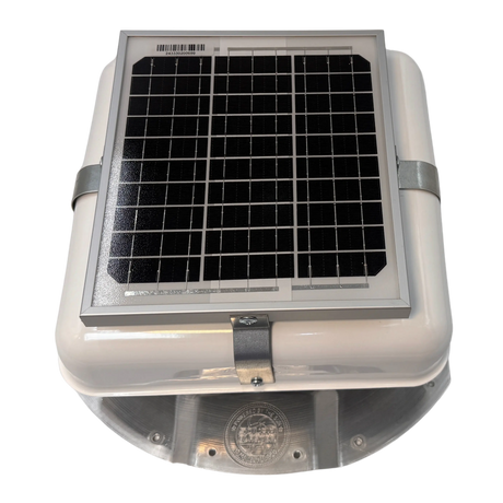 Solar ventilation fan, Solar Mega RoofBlaster for conex containers with 3.5" ribs, front view, powder-coated white, 5W solar panel (no background) | Solar Blaster brand