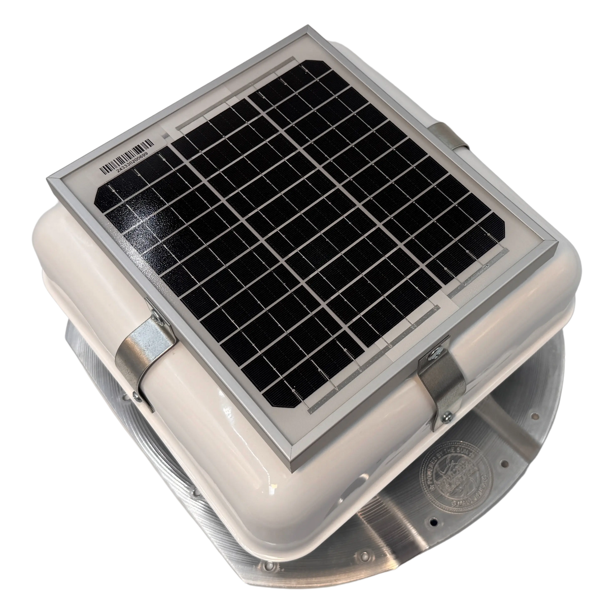 Solar ventilation fan, Solar Mega RoofBlaster for conex containers with 3.5" ribs, right side view, powder-coated white, 5W solar panel (no background) | Solar Blaster brand