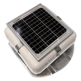 Solar ventilation fan, Solar Mega RoofBlaster for conex containers with 3.5" ribs, right side view, powder-coated white, 5W solar panel (no background) | Solar Blaster brand