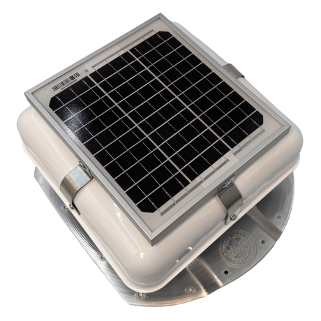 Solar ventilation fan, Solar Mega RoofBlaster for conex containers with 3.5" ribs, right side view, powder-coated white, 5W solar panel (no background) | Solar Blaster brand