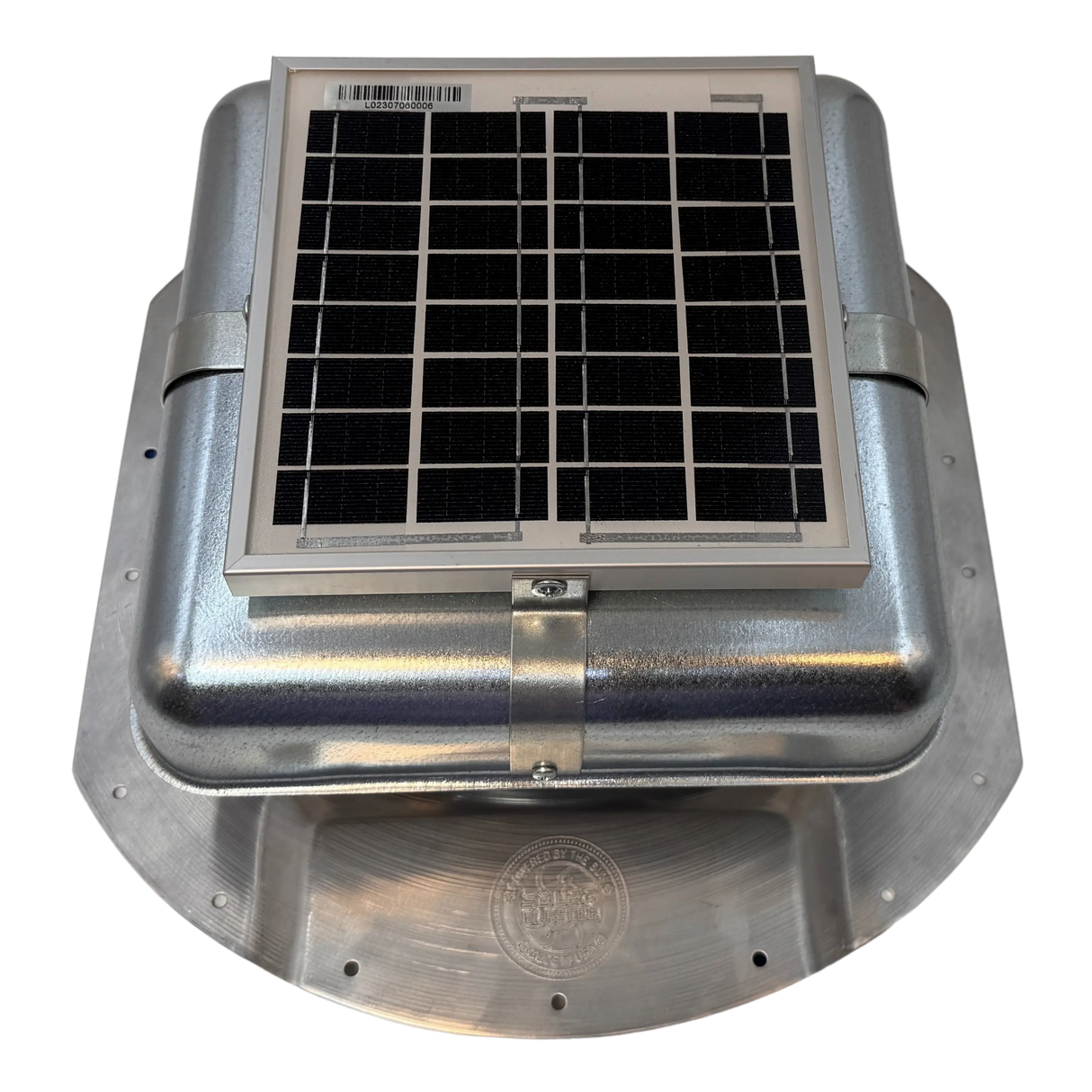 Solar ventilation fan, Solar Mega RoofBlaster for conex containers with 6.5" ribs, front view, galvanized finish, 5W solar panel (no background) | Solar Blaster brand