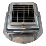 Solar ventilation fan, Solar Mega RoofBlaster for conex containers with 6.5" ribs, front view, galvanized finish, 5W solar panel (no background) | Solar Blaster brand