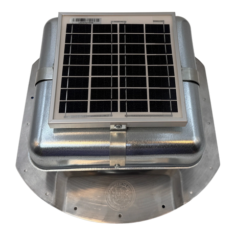 Solar ventilation fan, Solar Mega RoofBlaster for conex containers with 6.5" ribs, front view, galvanized finish, 5W solar panel (no background) | Solar Blaster brand