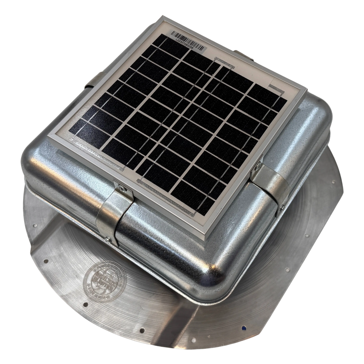 Solar ventilation fan, Solar Mega RoofBlaster for conex containers with 6.5" ribs, left side view, galvanized finish, 5W solar panel (no background) | Solar Blaster brand