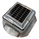 Solar ventilation fan, Solar Mega RoofBlaster for conex containers with 6.5" ribs, left side view, galvanized finish, 5W solar panel (no background) | Solar Blaster brand