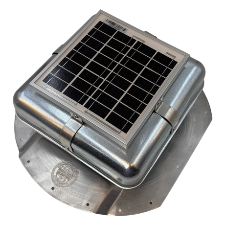 Solar ventilation fan, Solar Mega RoofBlaster for conex containers with 6.5" ribs, left side view, galvanized finish, 5W solar panel (no background) | Solar Blaster brand