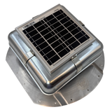 Solar ventilation fan, Solar Mega RoofBlaster for conex containers with 6.5" ribs, right side view, galvanized finish, 5W solar panel (no background) | Solar Blaster brand
