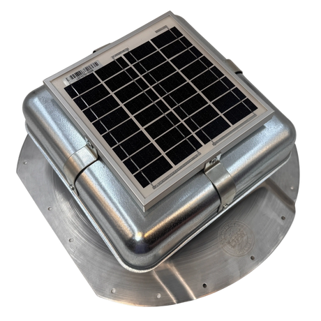 Solar ventilation fan, Solar Mega RoofBlaster for conex containers with 6.5" ribs, right side view, galvanized finish, 5W solar panel (no background) | Solar Blaster brand