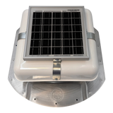 Solar ventilation fan, Solar Mega RoofBlaster for conex containers with 6.5" ribs, front view, powder-coated white, 5W solar panel (no background) | Solar Blaster brand