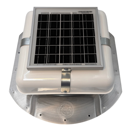 Solar ventilation fan, Solar Mega RoofBlaster for conex containers with 6.5" ribs, front view, powder-coated white, 5W solar panel (no background) | Solar Blaster brand