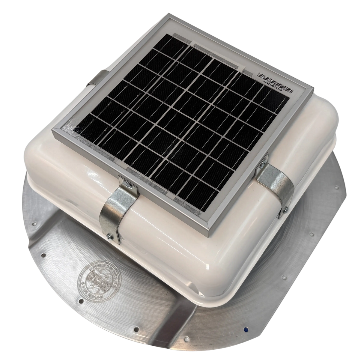 Solar ventilation fan, Solar Mega RoofBlaster for conex containers with 6.5" ribs, left side view, powder-coated white, 5W solar panel (no background) | Solar Blaster brand