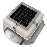 Solar ventilation fan, Solar Mega RoofBlaster for conex containers with 6.5" ribs, left side view, powder-coated white, 5W solar panel (no background) | Solar Blaster brand