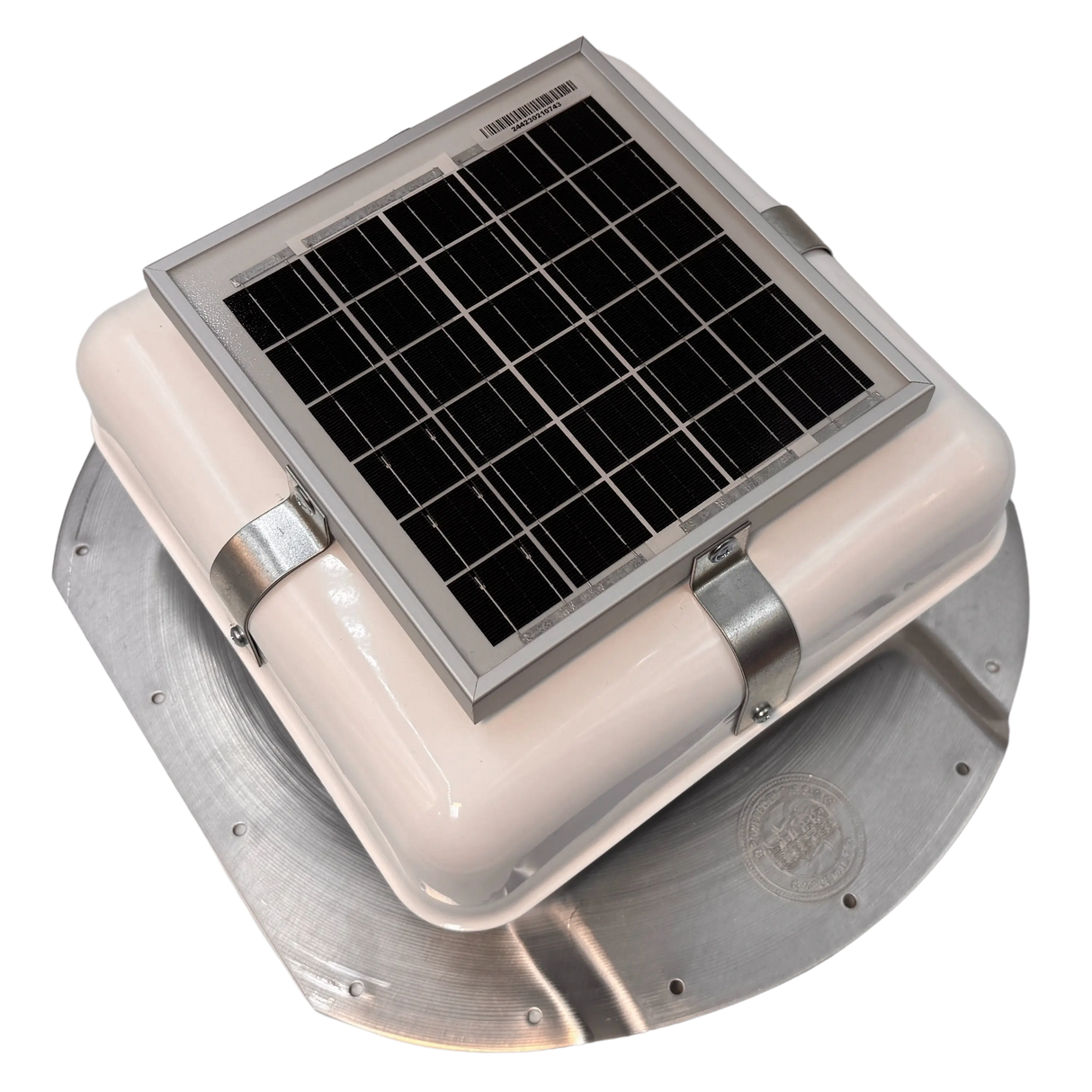 Solar ventilation fan, Solar Mega RoofBlaster for conex containers with 6.5" ribs, right side view, powder-coated white, 5W solar panel (no background) | Solar Blaster brand