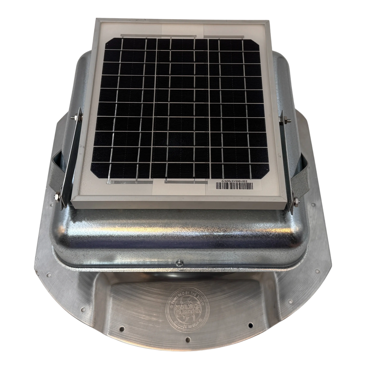 Solar ventilation fan, Solar Mega RoofBlaster for conex containers with 6.5" ribs, front view, galvanized finish, 5W solar panel (no background) | Solar Blaster brand