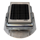 Solar ventilation fan, Solar Mega RoofBlaster for conex containers with 6.5" ribs, front view, galvanized finish, 5W solar panel (no background) | Solar Blaster brand