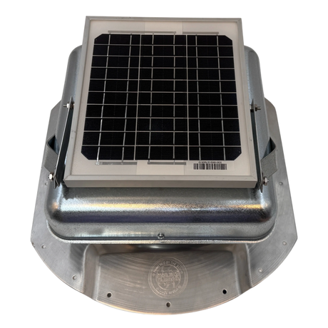 Solar ventilation fan, Solar Mega RoofBlaster for conex containers with 6.5" ribs, front view, galvanized finish, 5W solar panel (no background) | Solar Blaster brand