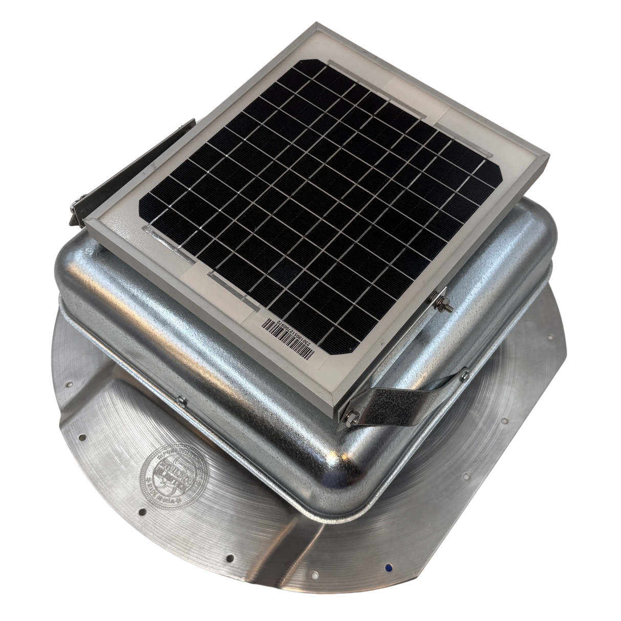 Solar ventilation fan, Solar Mega RoofBlaster for conex containers with 6.5" ribs, left side view, galvanized finish, 5W solar panel (no background) | Solar Blaster brand