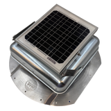 Solar ventilation fan, Solar Mega RoofBlaster for conex containers with 6.5" ribs, left side view, galvanized finish, 5W solar panel (no background) | Solar Blaster brand