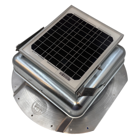 Solar ventilation fan, Solar Mega RoofBlaster for conex containers with 6.5" ribs, left side view, galvanized finish, 5W solar panel (no background) | Solar Blaster brand