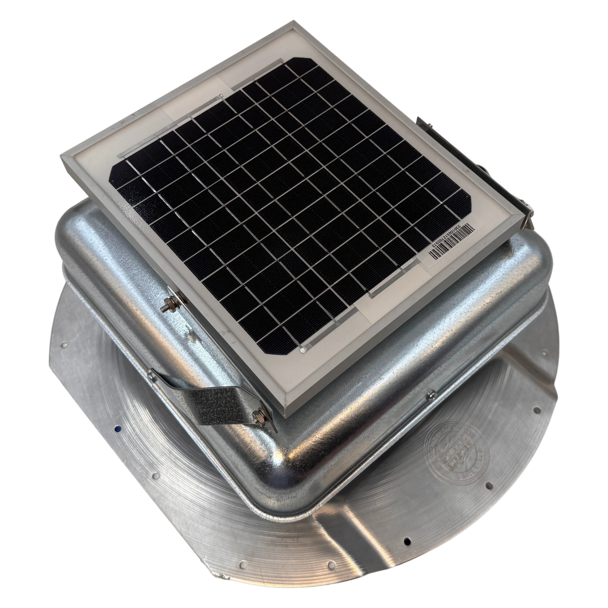 Solar ventilation fan, Solar Mega RoofBlaster for conex containers with 6.5" ribs, right side view, galvanized finish, 5W solar panel (no background) | Solar Blaster brand