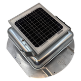 Solar ventilation fan, Solar Mega RoofBlaster for conex containers with 6.5" ribs, right side view, galvanized finish, 5W solar panel (no background) | Solar Blaster brand