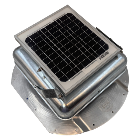 Solar ventilation fan, Solar Mega RoofBlaster for conex containers with 6.5" ribs, right side view, galvanized finish, 5W solar panel (no background) | Solar Blaster brand