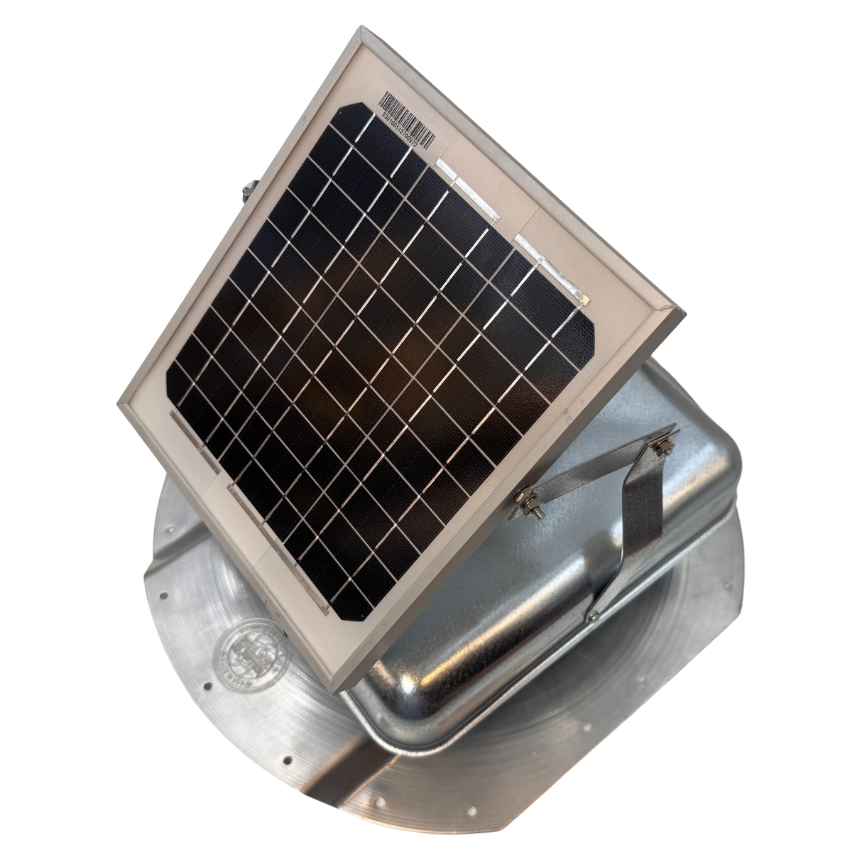 Solar ventilation fan, Solar Mega RoofBlaster for conex containers with 6.5" ribs, left side view, galvanized finish, 5W solar panel (no background) | Solar Blaster brand