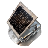 Solar ventilation fan, Solar Mega RoofBlaster for conex containers with 6.5" ribs, left side view, galvanized finish, 5W solar panel (no background) | Solar Blaster brand