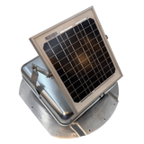 Solar ventilation fan, Solar Mega RoofBlaster for conex containers with 6.5" ribs, right side view, galvanized finish, 5W solar panel (no background) | Solar Blaster brand