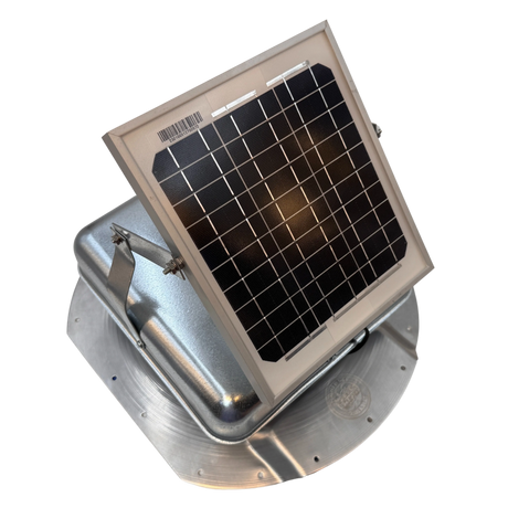 Solar ventilation fan, Solar Mega RoofBlaster for conex containers with 6.5" ribs, right side view, galvanized finish, 5W solar panel (no background) | Solar Blaster brand