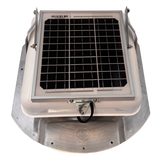 Solar ventilation fan, Solar Mega RoofBlaster for conex containers with 6.5" ribs, front view, powder-coated white, 5W solar panel (no background) | Solar Blaster brand