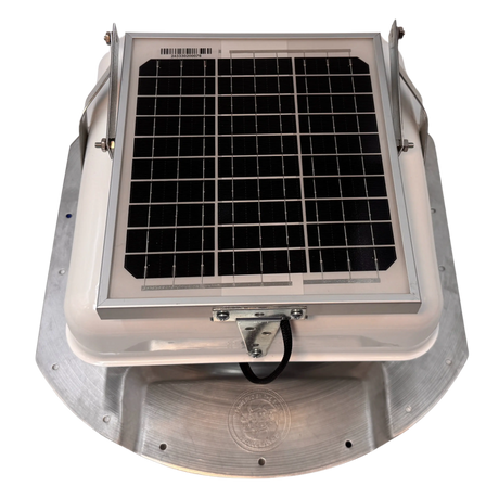 Solar ventilation fan, Solar Mega RoofBlaster for conex containers with 6.5" ribs, front view, powder-coated white, 5W solar panel (no background) | Solar Blaster brand