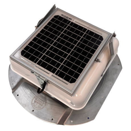 Solar ventilation fan, Solar Mega RoofBlaster for conex containers with 6.5" ribs, left side view, powder-coated white, 5W solar panel (no background) | Solar Blaster brand