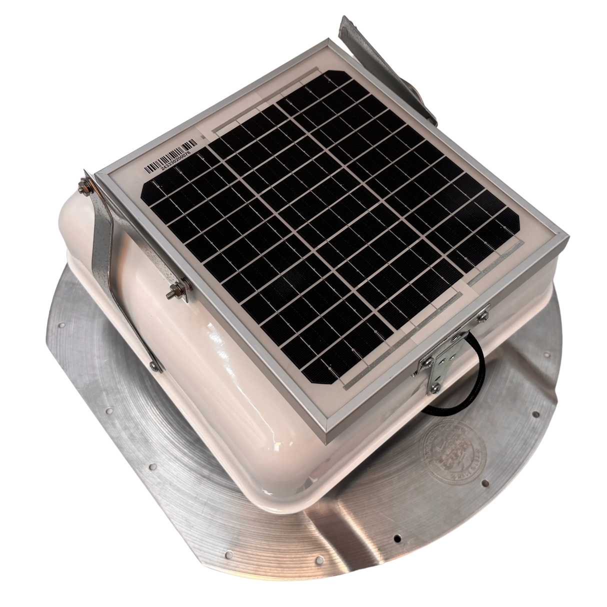 Solar ventilation fan, Solar Mega RoofBlaster for conex containers with 6.5" ribs, right side view, powder-coated white, 5W solar panel (no background) | Solar Blaster brand