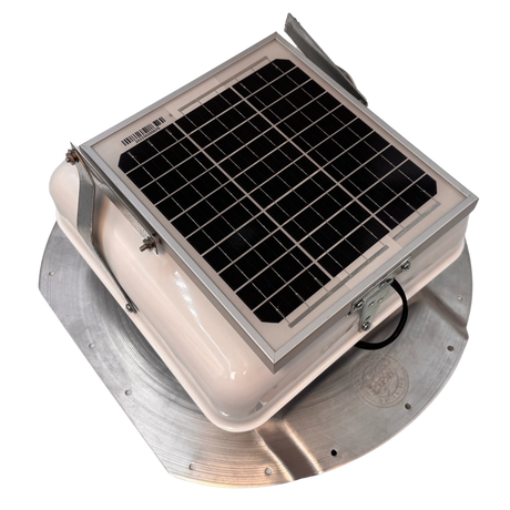 Solar ventilation fan, Solar Mega RoofBlaster for conex containers with 6.5" ribs, right side view, powder-coated white, 5W solar panel (no background) | Solar Blaster brand