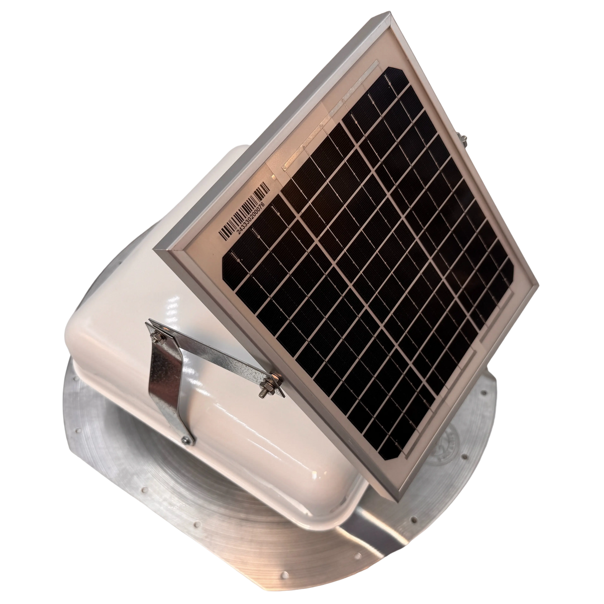 Solar ventilation fan, Solar Mega RoofBlaster for conex containers with 6.5" ribs, left side view, powder-coated white, 5W solar panel (no background) | Solar Blaster brand