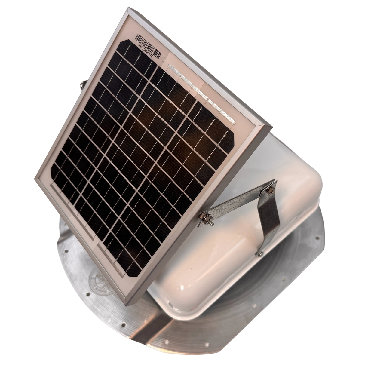 Solar ventilation fan, Solar Mega RoofBlaster for conex containers with 6.5" ribs, right side view, powder-coated white, 5W solar panel (no background) | Solar Blaster brand