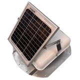 Solar ventilation fan, Solar Mega RoofBlaster for conex containers with 6.5" ribs, right side view, powder-coated white, 5W solar panel (no background) | Solar Blaster brand