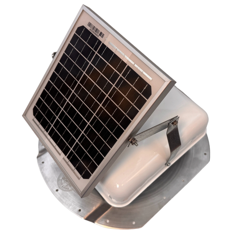 Solar ventilation fan, Solar Mega RoofBlaster for conex containers with 6.5" ribs, right side view, powder-coated white, 5W solar panel (no background) | Solar Blaster brand