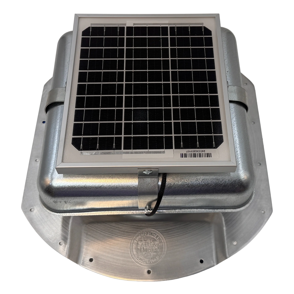 Solar ventilation fan, Solar Mega RoofBlaster for conex containers with 6.5" ribs, front view, galvanized finish, 5W solar panel (no background) | Solar Blaster brand