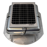 Solar ventilation fan, Solar Mega RoofBlaster for conex containers with 6.5" ribs, front view, galvanized finish, 5W solar panel (no background) | Solar Blaster brand