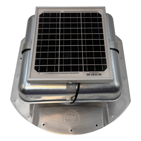 Solar ventilation fan, Solar Mega RoofBlaster for conex containers with 6.5" ribs, front view, galvanized finish, 5W solar panel (no background) | Solar Blaster brand