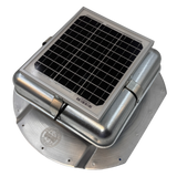 Solar ventilation fan, Solar Mega RoofBlaster for conex containers with 6.5" ribs, left side view, galvanized finish, 5W solar panel (no background) | Solar Blaster brand