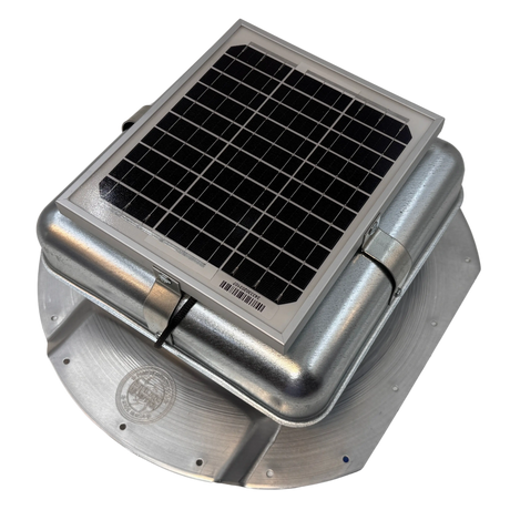 Solar ventilation fan, Solar Mega RoofBlaster for conex containers with 6.5" ribs, left side view, galvanized finish, 5W solar panel (no background) | Solar Blaster brand