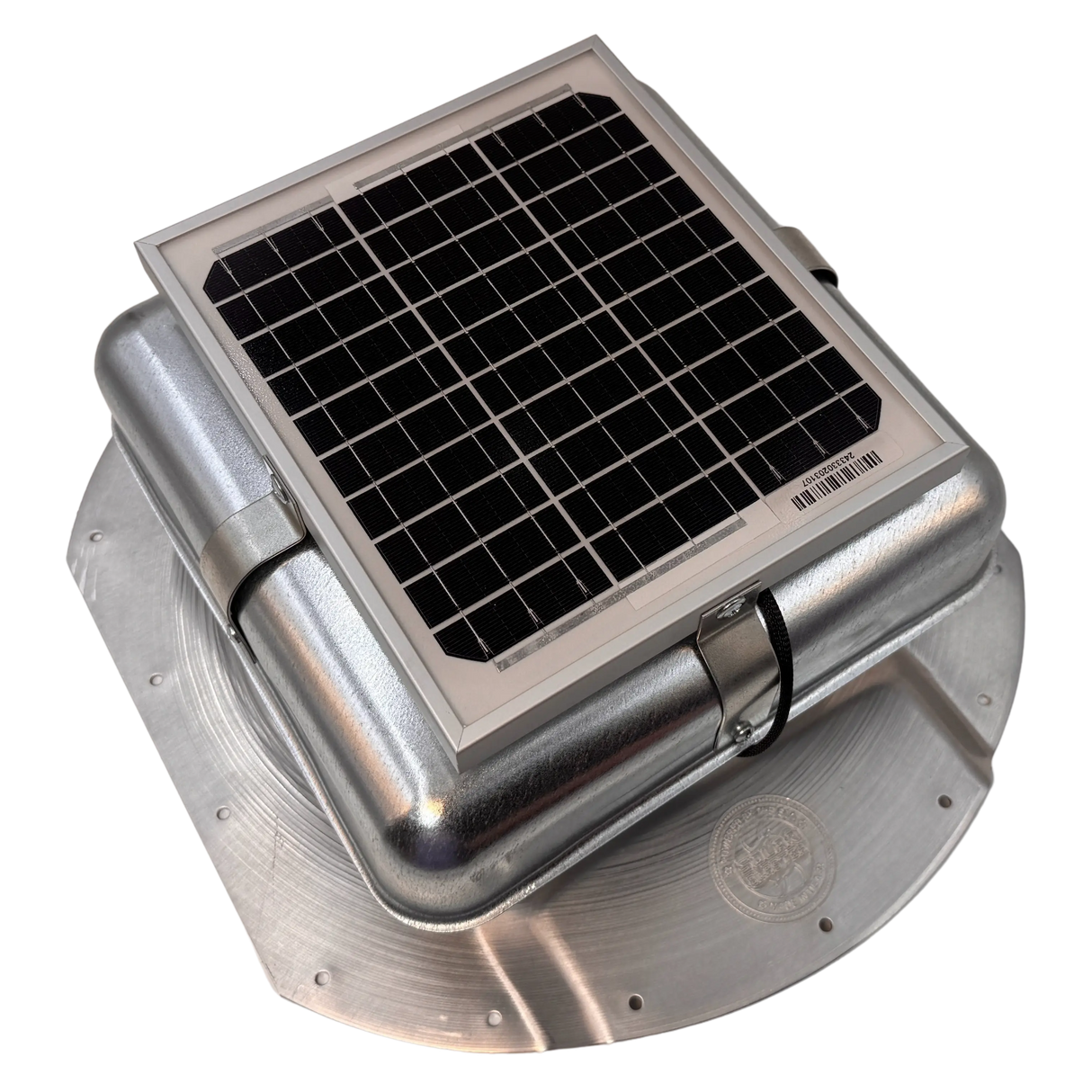 Solar ventilation fan, Solar Mega RoofBlaster for conex containers with 6.5" ribs, right side view, galvanized finish, 5W solar panel (no background) | Solar Blaster brand