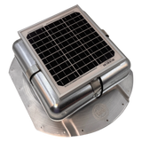 Solar ventilation fan, Solar Mega RoofBlaster for conex containers with 6.5" ribs, right side view, galvanized finish, 5W solar panel (no background) | Solar Blaster brand