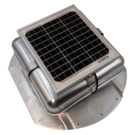 Solar ventilation fan, Solar Mega RoofBlaster for conex containers with 6.5" ribs, right side view, galvanized finish, 5W solar panel (no background) | Solar Blaster brand