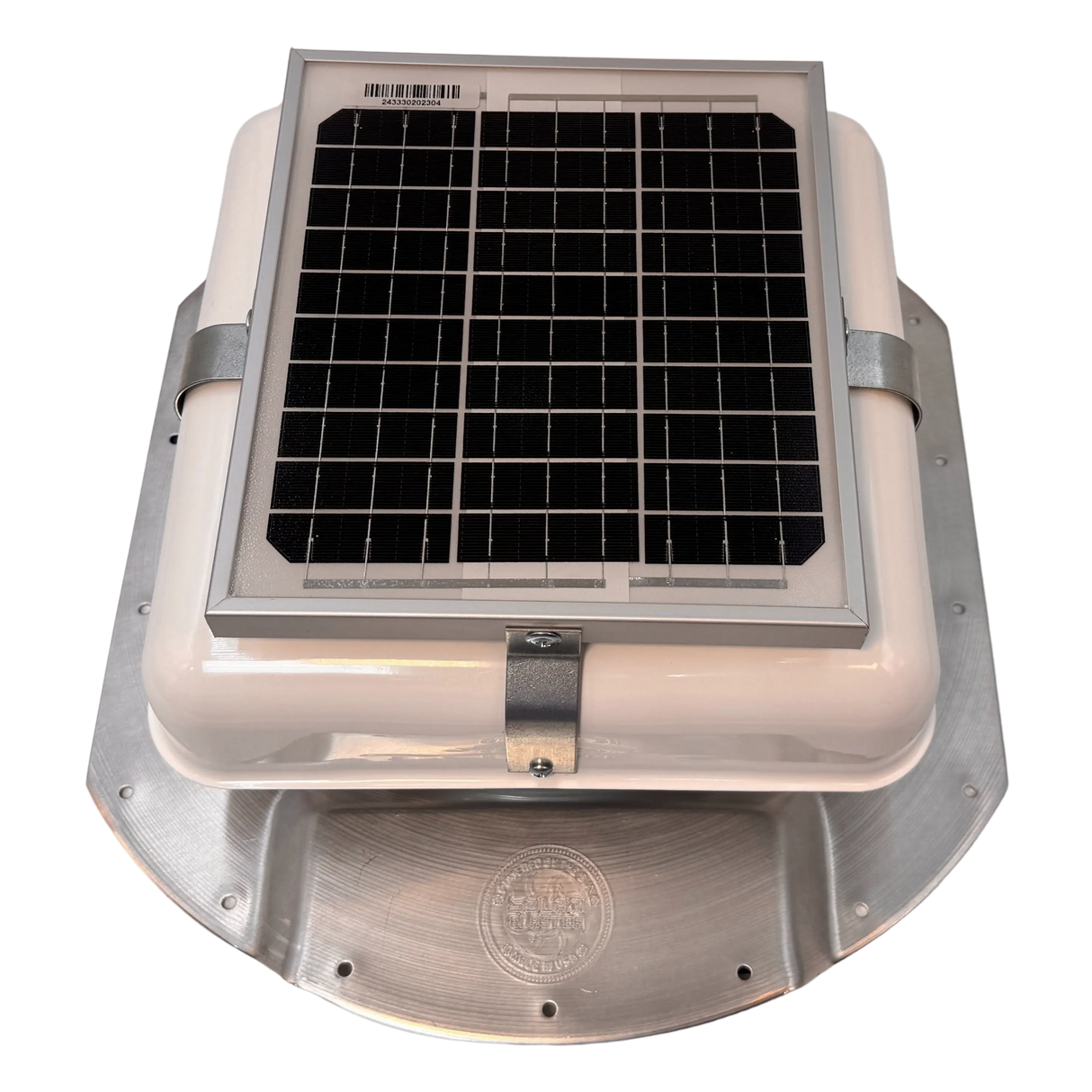 Solar ventilation fan, Solar Mega RoofBlaster for conex containers with 6.5" ribs, front view, powder-coated white, 5W solar panel (no background) | Solar Blaster brand