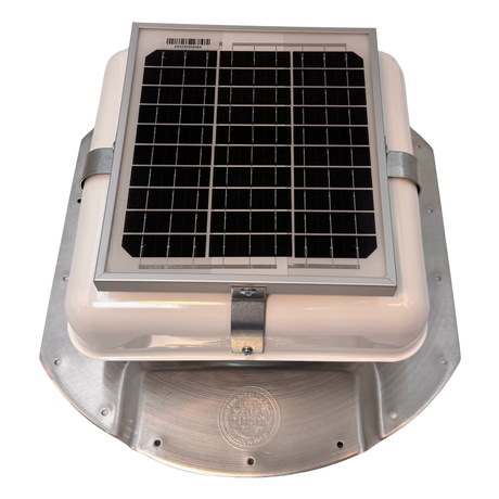 Solar ventilation fan, Solar Mega RoofBlaster for conex containers with 6.5" ribs, front view, powder-coated white, 5W solar panel (no background) | Solar Blaster brand